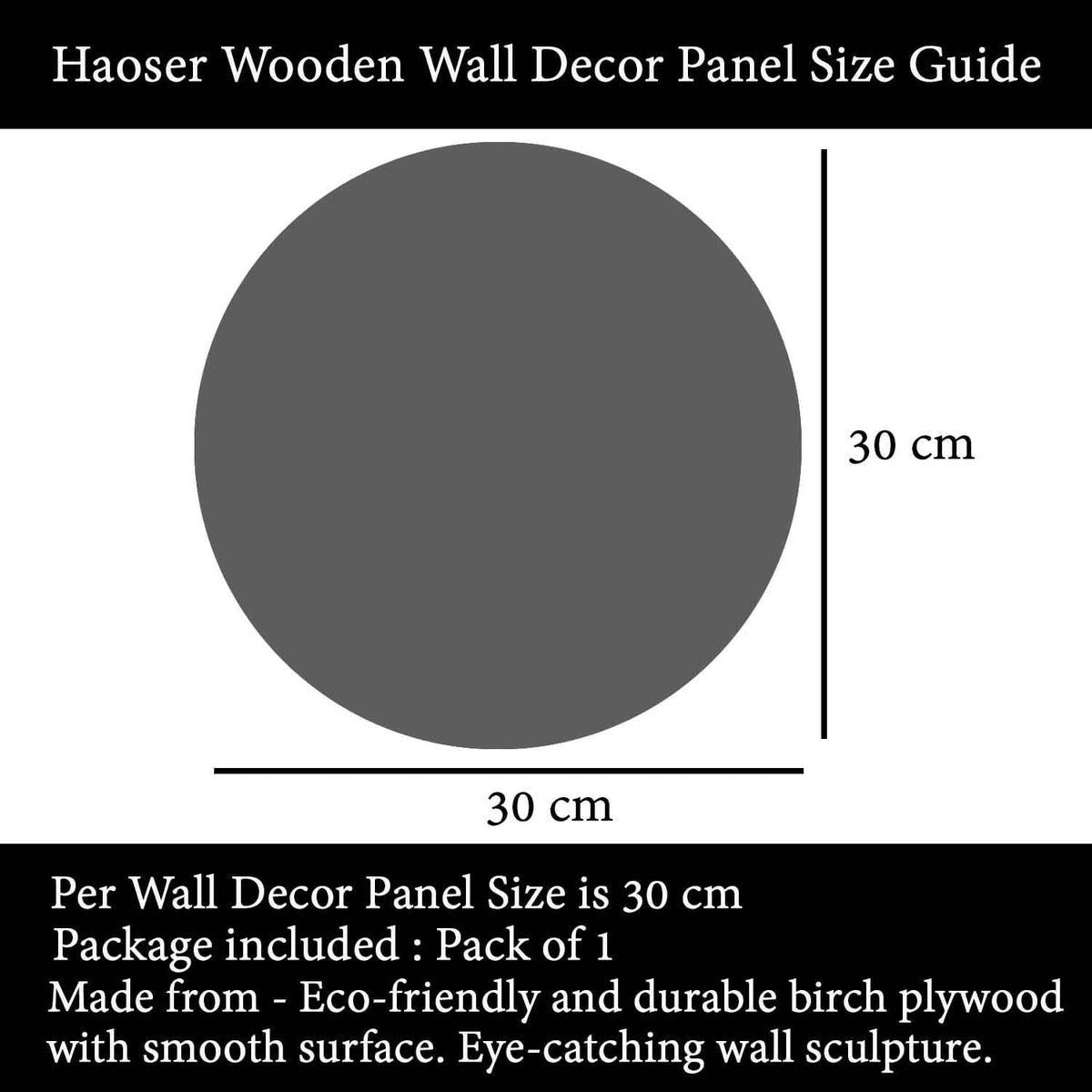 Size guide for the Haoser mandala wall panel showing a 30 cm diameter and a pack of one