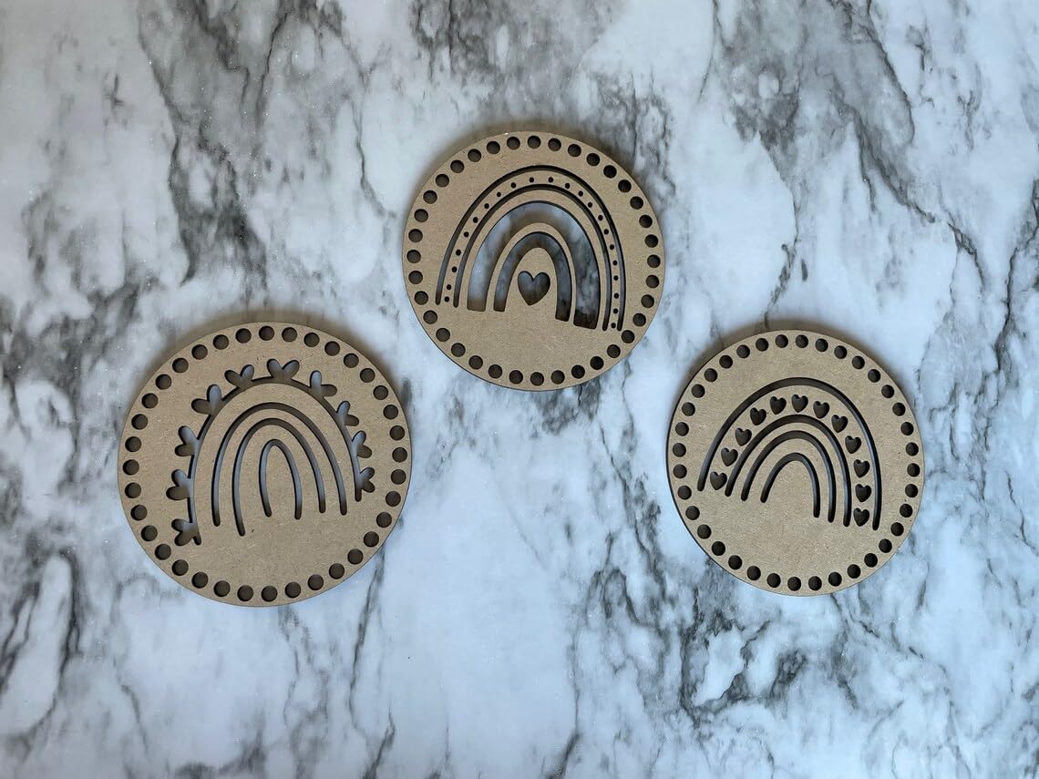 Pack of 3 Wooden MDF Macrame Mandala Boho Rainbow Coaster Blanks | DIY Mandala Frames & Findings for Resin, Crochet, Macrame & Crafts (4 Inch, 3 Styles)