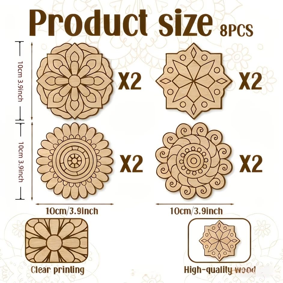 Set of 8 Mandala MDF Wooden Painting Kit | Pre-Marked Mandala Art Boards