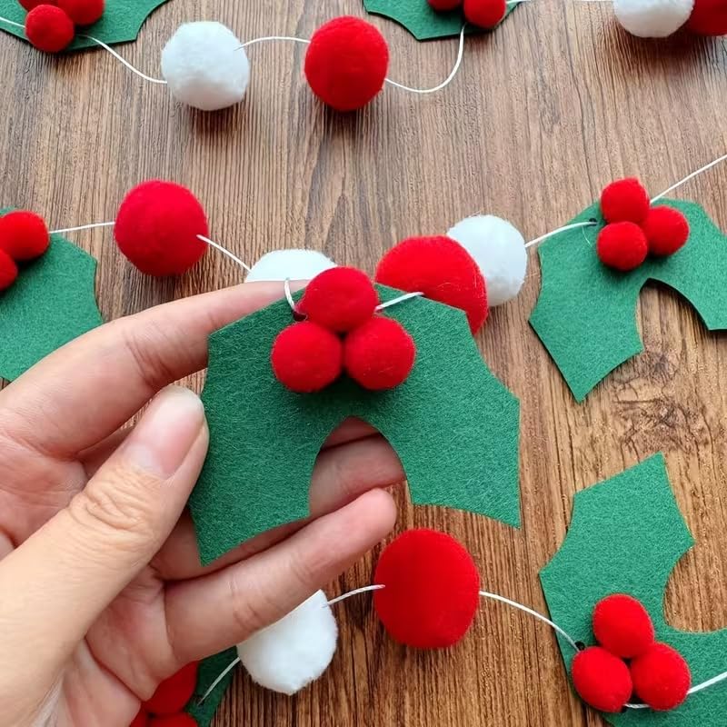 2 pcs Felt Holly Berry Garland with Red Berries & White Pompoms