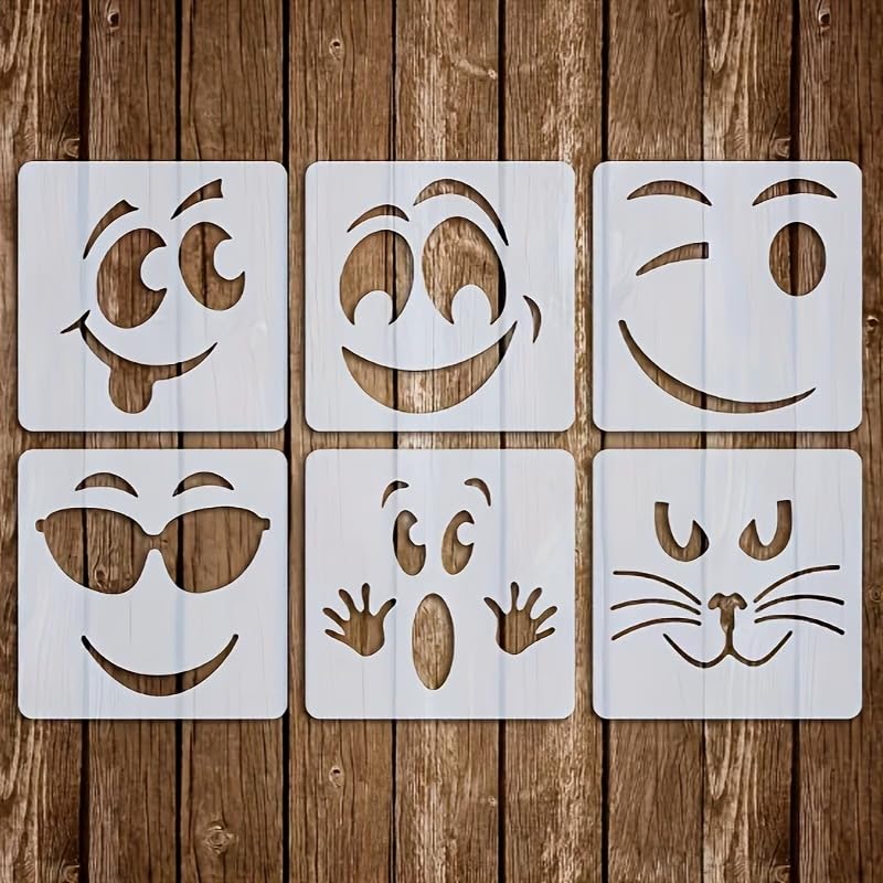 Set of 6 Happy Face Reusable Stencil Template | 3x3 Inch PET Painting Stencils