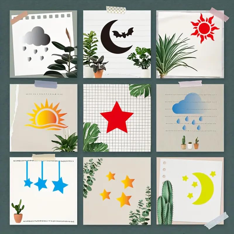 16 PCS Reusable Mixed Patterns Stencil Set – 2.95" x 2.95" PET Plastic Painting Templates for Wall, Scrapbooking, Canvas, Furniture, Rock, and DIY Crafts