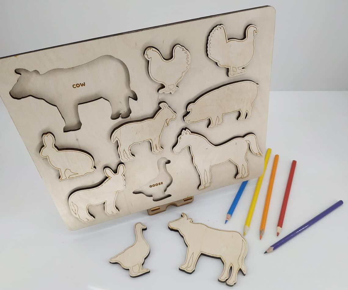 Haoser Wooden Farm Animal Puzzle, Educational Shape Puzzle Montessori Toy, Toddlers Study and Paint Learning Game. Personalized Gift for Kids Wooden, Puzzles for Kids. - Haoser
