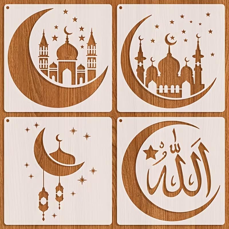 Islamic Plastic Stencil Ramadan & Eid DIY Art Stencils with Crescent Moon, Mosque, Lantern & Allah Calligraphy