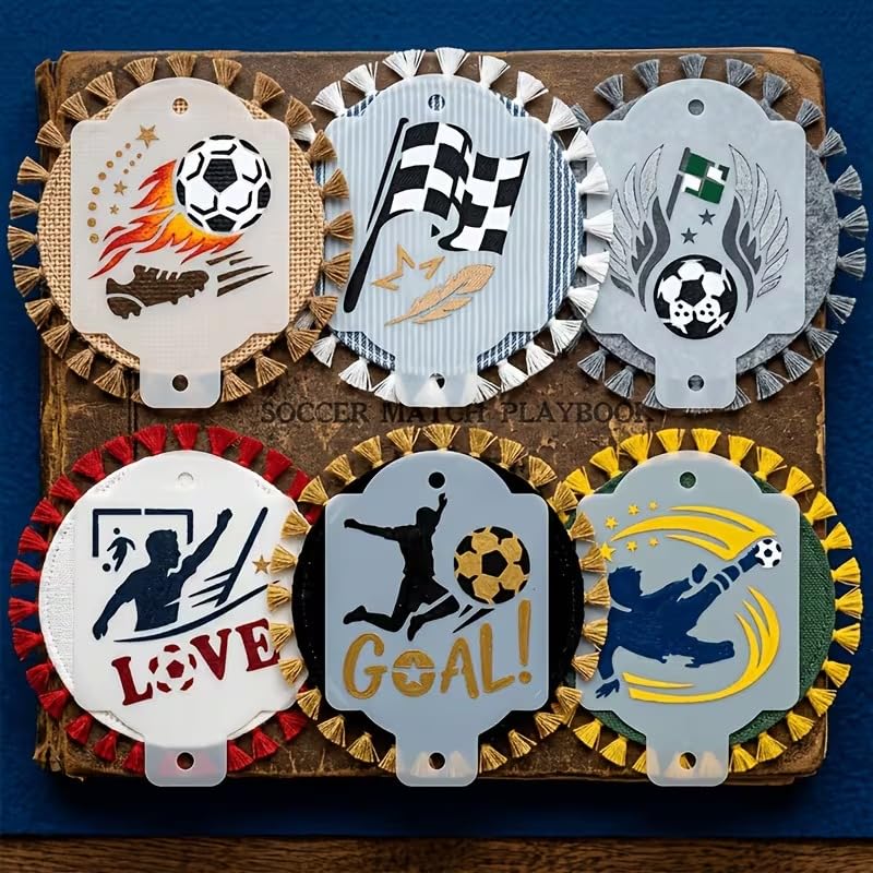Set of 6 Soccer Theme Reusable Stencil | Football PET Plastic Painting Templates with Ball, Goal & Flame Designs | DIY Craft, Wall, Fabric & Face Painting Stencils | 3.54 x 2.36 Inch