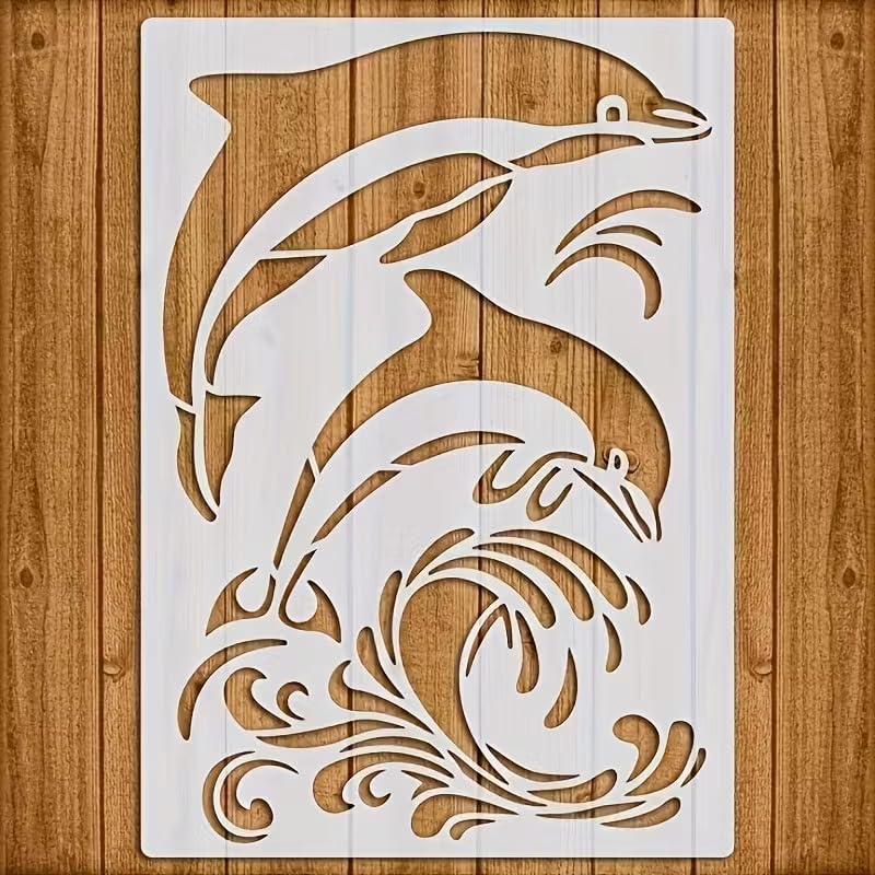 Dolphin Stencil Template | Ocean Theme Swimming Dolphin & Wave Design | DIY Craft Stencil for Wall, Floor, Tile, Fabric & Paper Painting - 29.72 x 21.08 cm