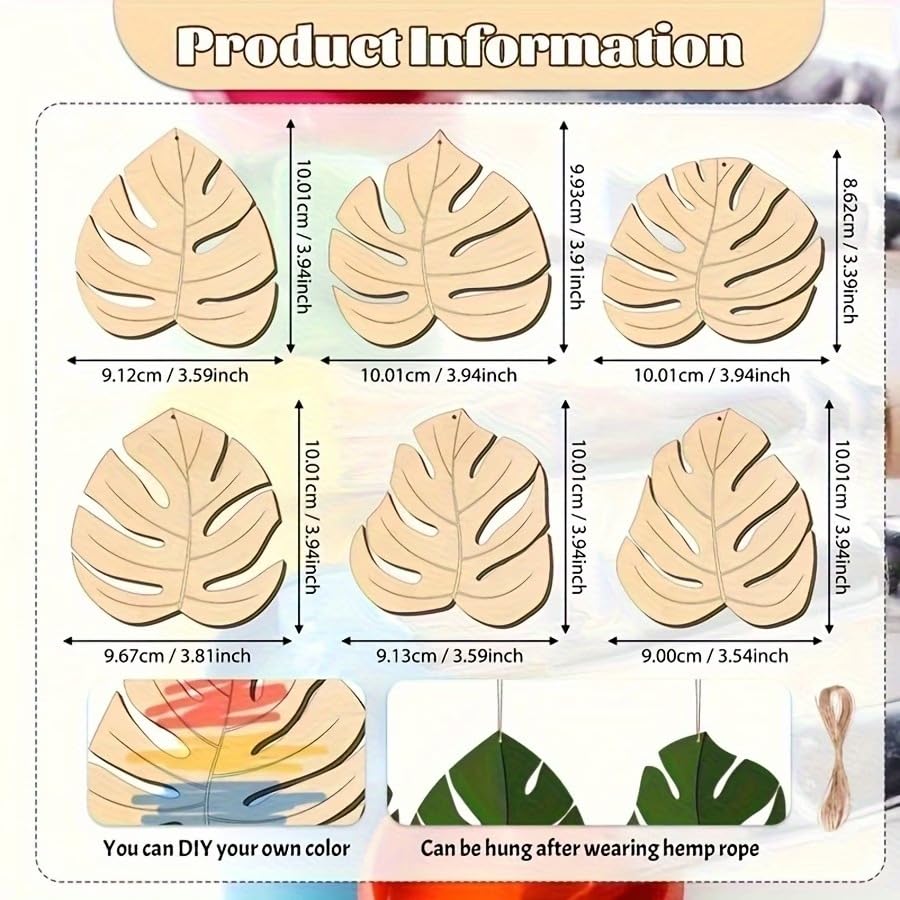 6 Pcs Palm Leaf MDF Wooden Hanging Cutouts with Rope | Tropical Leaf Craft Ornaments