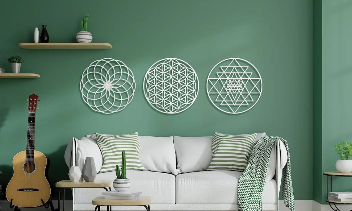 3 Pcs Sacred Geometry Wall Decor - 12 Inch Metal Wall Art Set | Flower of Life