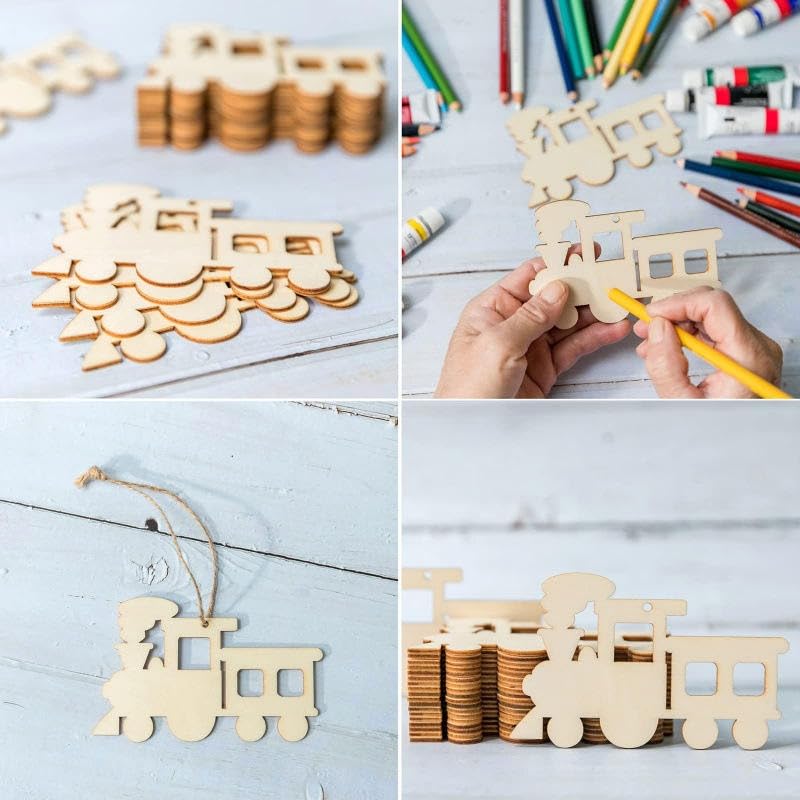 12 pcs Unfinished Wooden Train Cutouts with Jute Rope