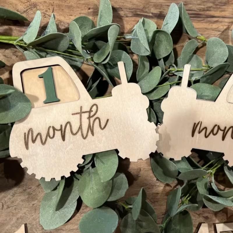 2 Pcs Baby Monthly Milestone Wood Number Signs – Tractor-Themed MDF Monthly Milestone Board