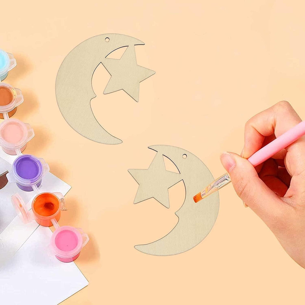 Haoser 10 Pack eid Moon d?cor,Stars and Moon Decoration, Wooden Moon Star Shaped Hanging Ornaments with Hole for Ramadan Decoration - Haoser