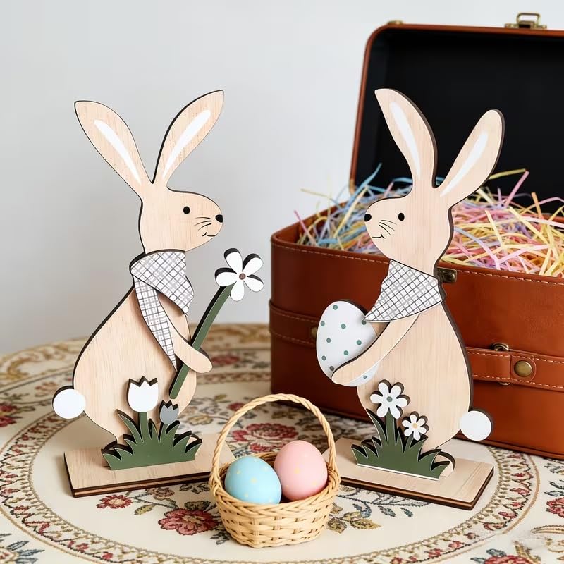 2 Pcs Easter Wooden Rabbit Plaque Decoration – Bunny & Egg Spring Table Decor