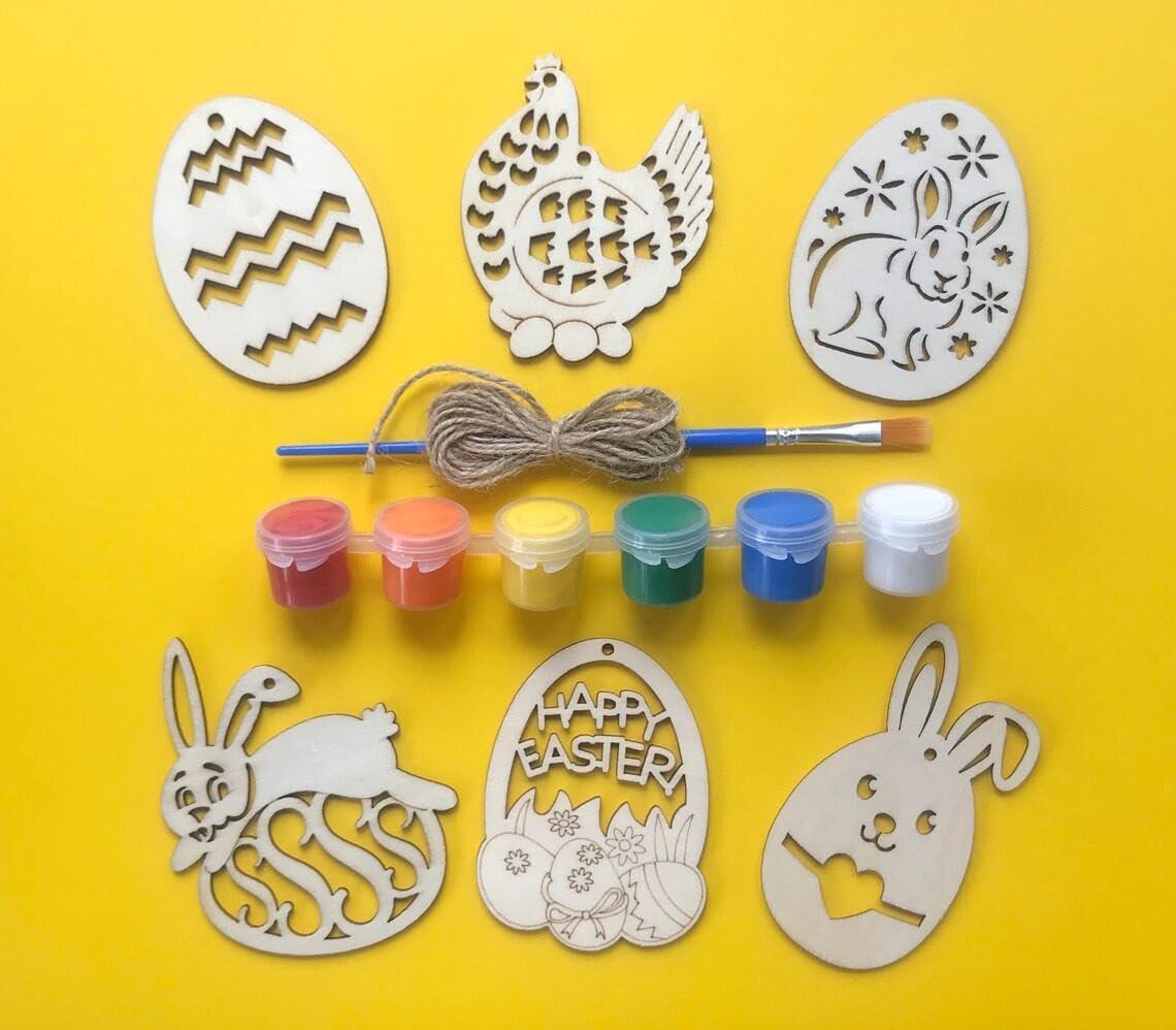 Haoser 12 pc Easter Wood Ornaments Paint kit, Easter Wooden Shapes Ornaments, Easter Kids Gift and Basket Stuffer. Easter Gift Tags. - Haoser