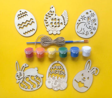 Haoser 12 pc Easter Wood Ornaments Paint kit, Easter Wooden Shapes Ornaments, Easter Kids Gift and Basket Stuffer. Easter Gift Tags. - Haoser