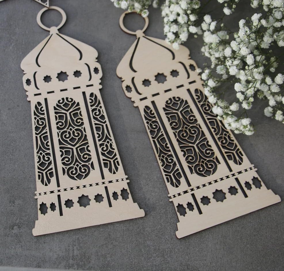 Curious Button Pack of 2 pcs Ramadan Mubarak Lantern Laser Cut Wood Ramadan lamp Ramadan Decor Ramadan Wall Decors Mubarak Ramadan Islamic Gift Islamic Wood Lantern