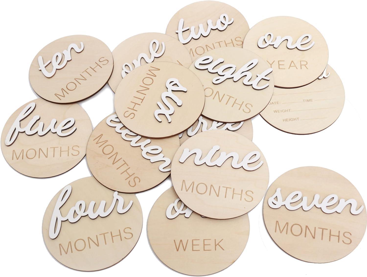 Haoser 3D Wooden Monthly Milestone Cards, Baby Monthly Milestone Marker Cards, Newborn Memento Milestone to Document Baby's Growth, Pregnancy Journey Sign -incl Announcement & Hello World Sign.13 pc - Haoser