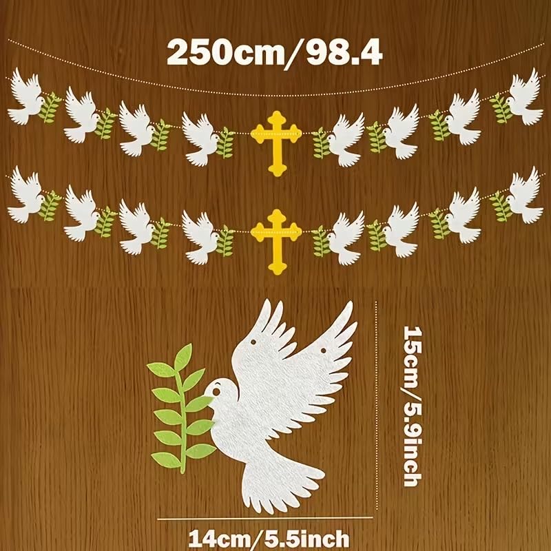 9 Pcs Religious Decor Yellow Cross & Olive Branch Dove Wreaths | Felt Fabric White Dove Hanging Decorations