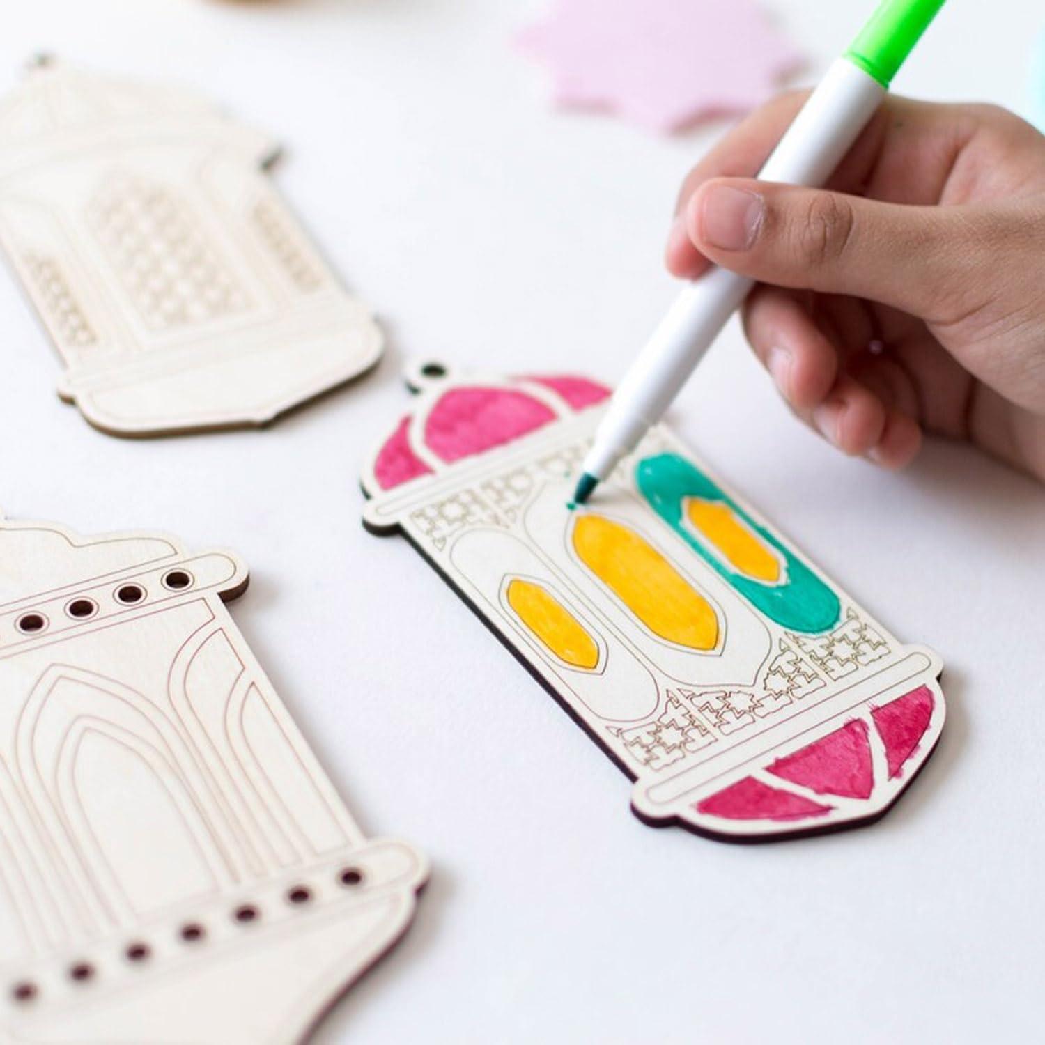 Curious Button Unfinished Wooden DIY Craft Banner Lantern Shape, Paint Your Own Lanterns, Eid Gifts Wooden Decorative Items, Ramadan Wooden DIY Craft Lantern Cutouts - Haoser