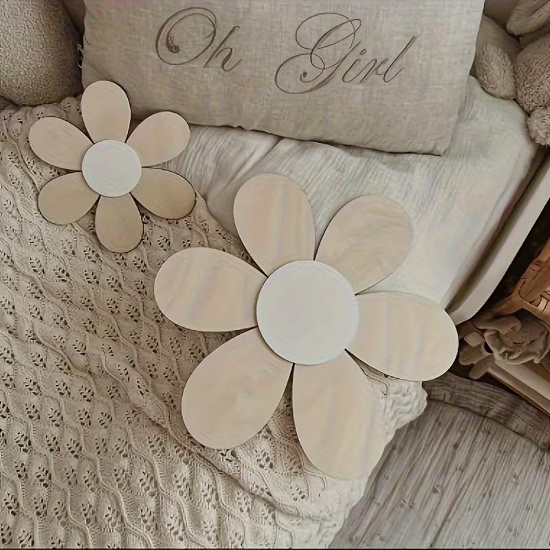 3 Pcs Wooden Daisy Wall Decor Set (9.84 x 7.87 x 5.9 Inch) | 2D Flat Boho Flower Wall Art | Minimalist Wooden Flower