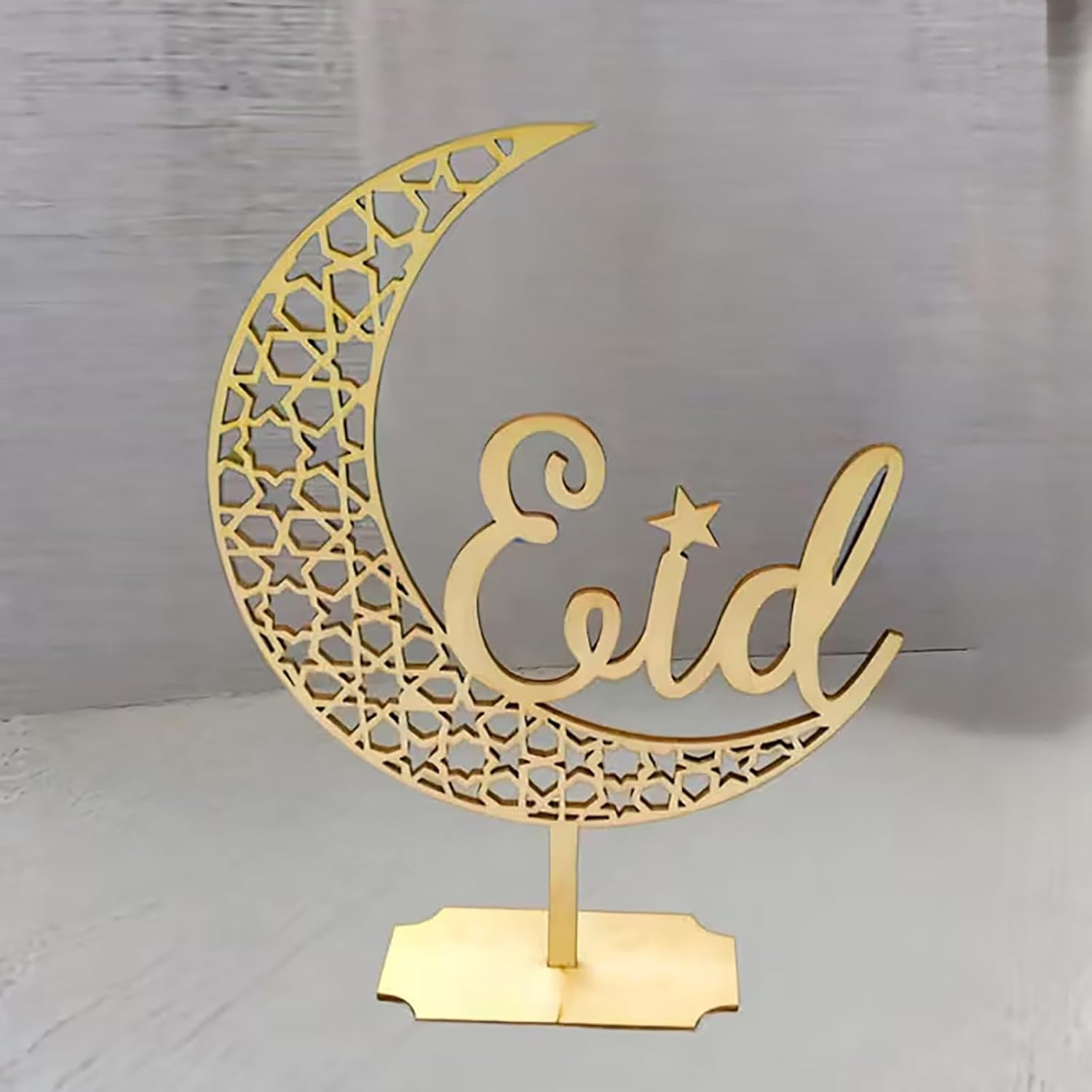 Eid Mubarak Wooden Crescent Moon Table Decor | Islamic Ramadan Eid al-Fitr Centerpiece | Freestanding Arabic Calligraphy Desktop Decoration
