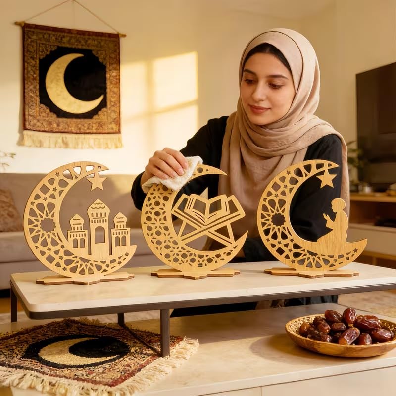 Wooden Tabletop Decor | Ramadan Eid Religious Ornaments with Mosque, Quran & Prayer Motifs | Muslim Home Holiday Decoration