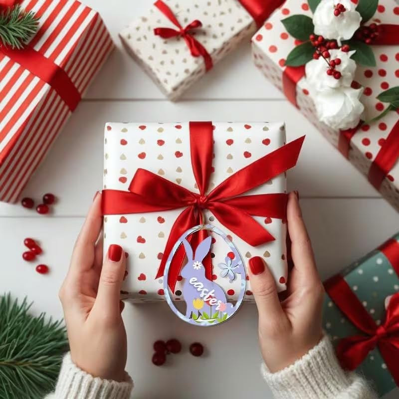 12 Pcs Wooden Easter Hanging Ornaments Set – Unfinished DIY Easter Egg & Bunny Cutouts with Hanging Rope