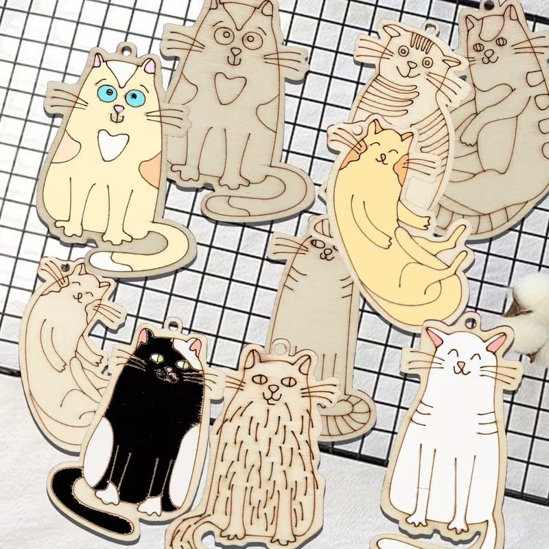 16 Pcs Wooden Cat Ornaments – Unfinished Pine MDF Hanging Shapes
