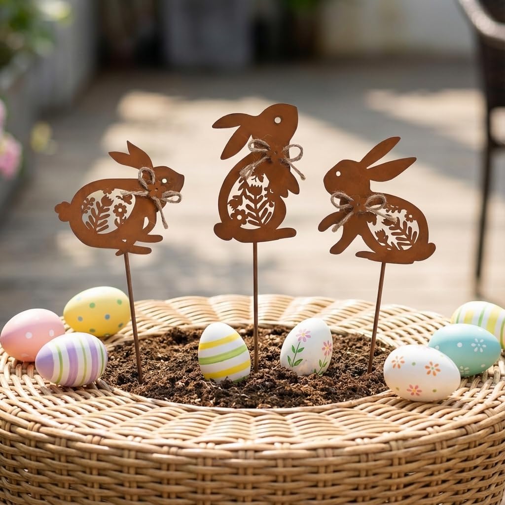 Pack of 6 Easter Bunny Garden Stakes Rust Look Rabbit Garden Decoration