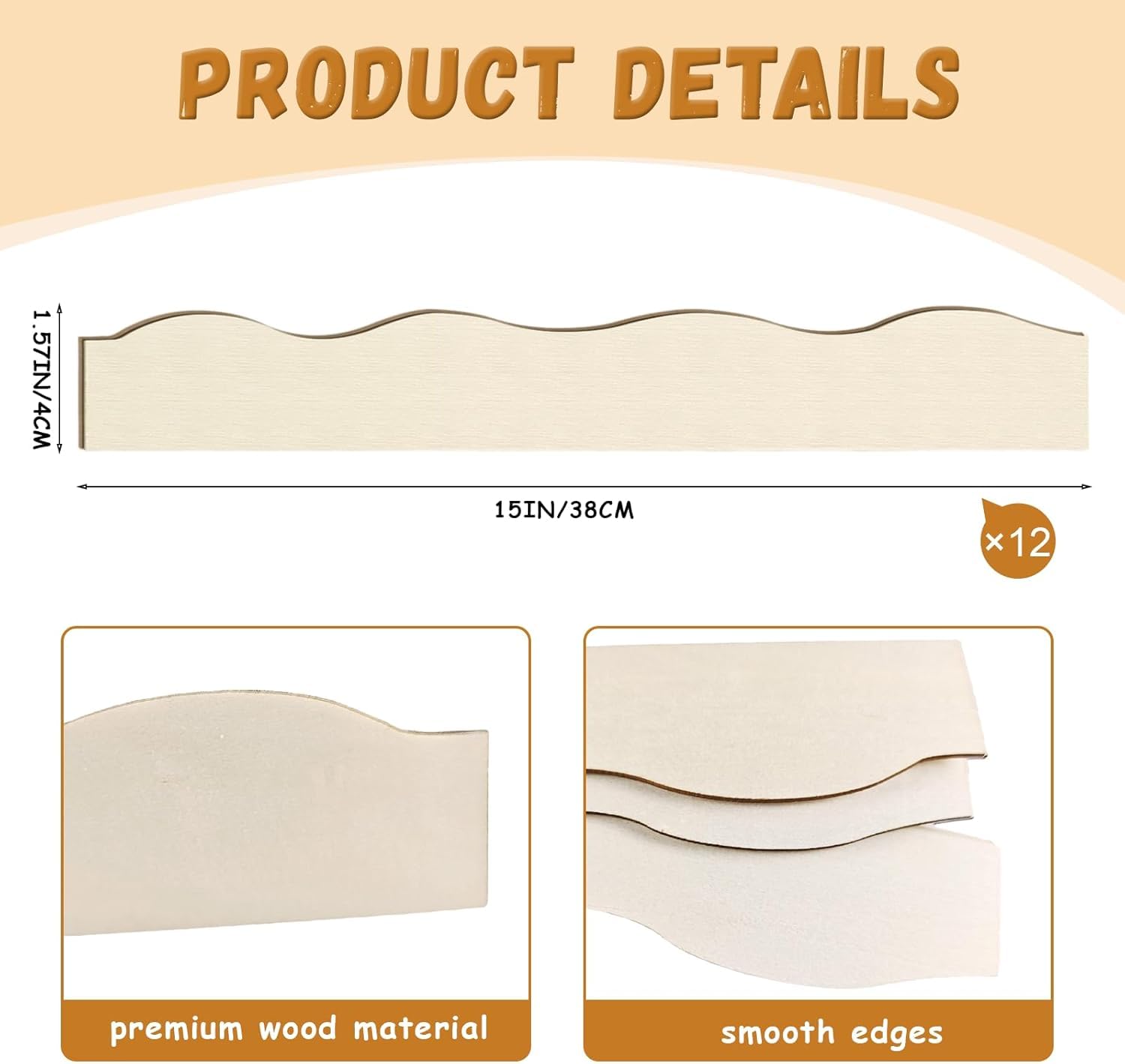 12 Pcs Unfinished Scalloped Decorative Wooden Trim | 15x1.57 Inch DIY Wooden Molding for Wall, Shelf, Cabinet, Window & Door Decoration