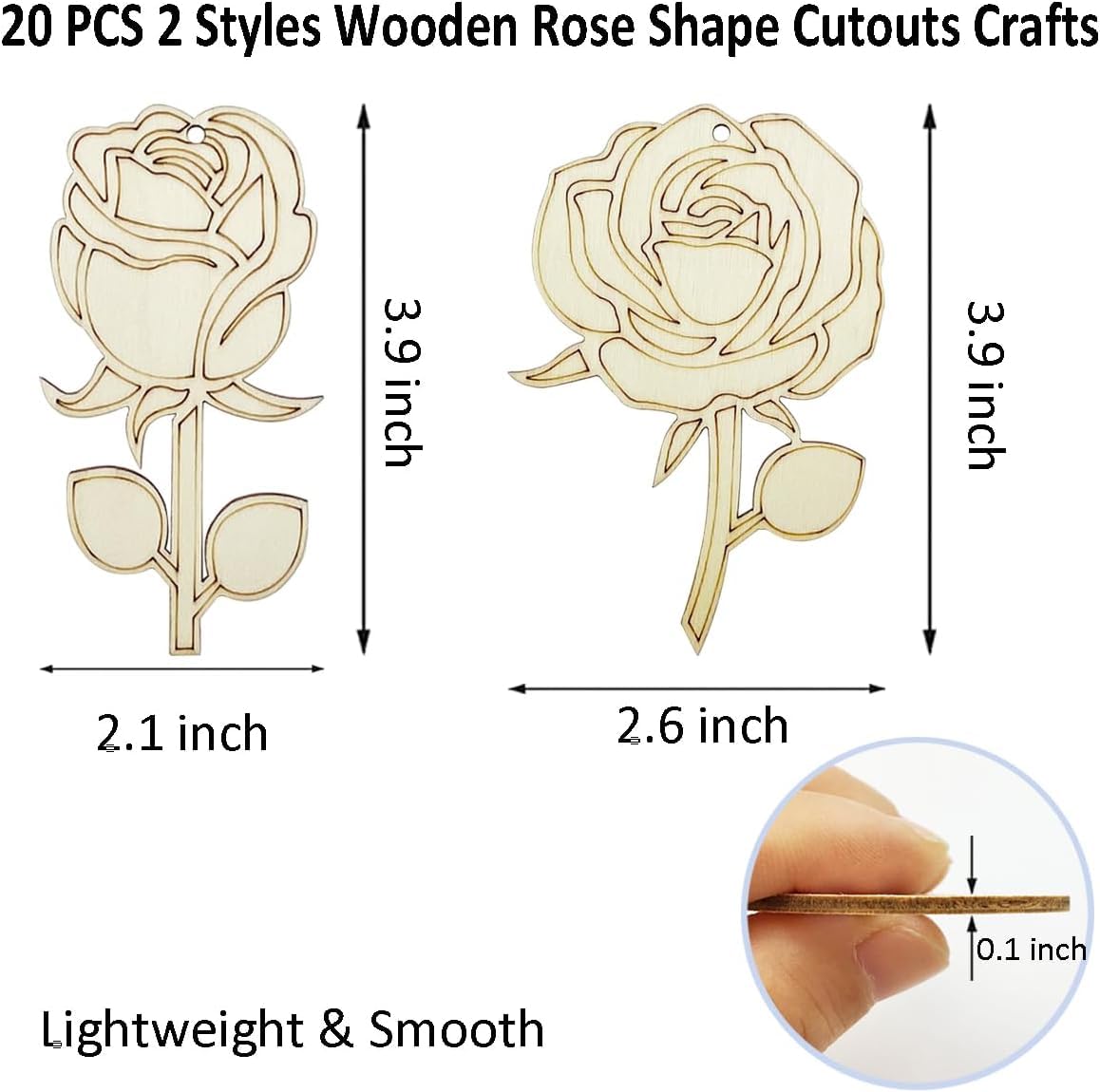 20 Pack Wooden Rose Cutouts for DIY Craft | 4 Inch Flower Shapes (2 Styles) | Unfinished Wood Rose Hanging