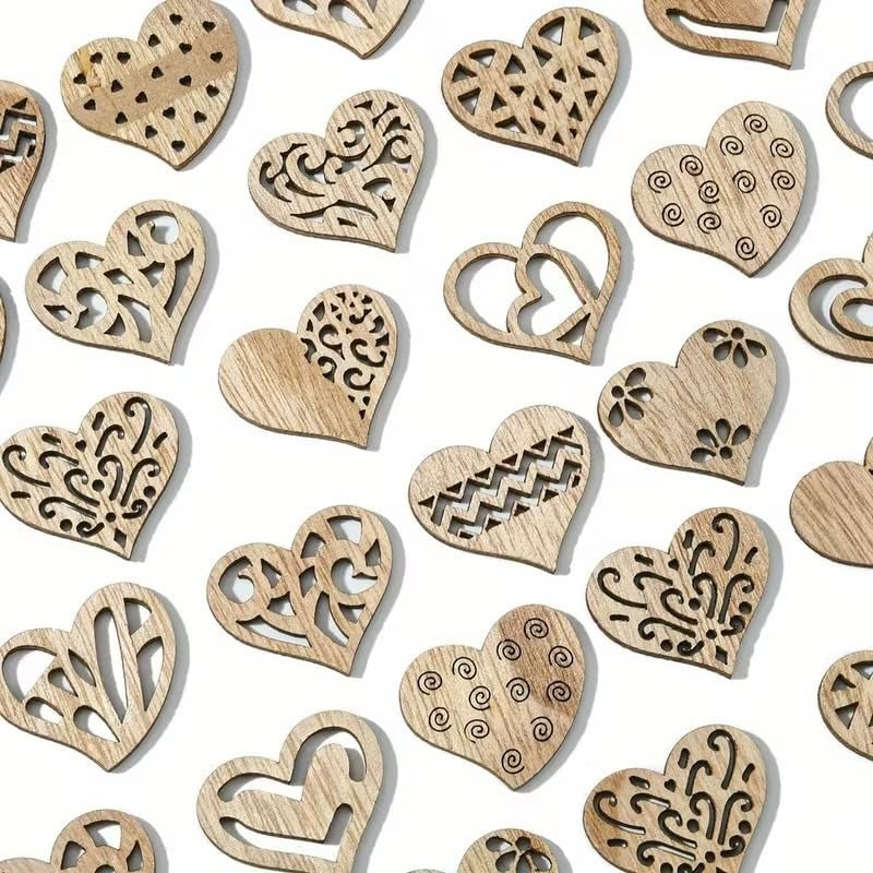 50 Pcs Wooden Heart Shaped Cutouts, Unfinished Wood Pendants with Decorative Patterns, Wooden Heart Cutouts, Decorations itmas 1 Inch