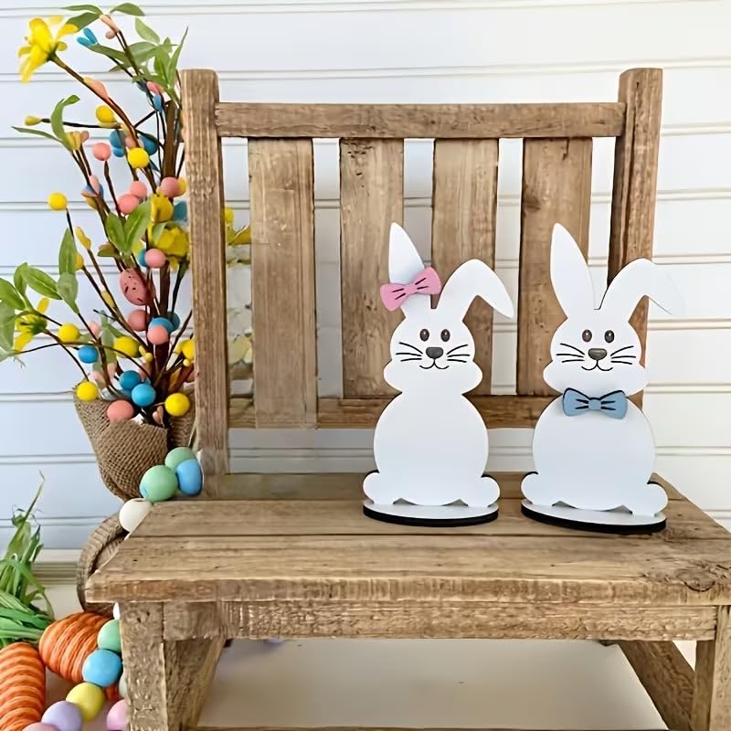 2 Pcs Wood Rabbit Plaque with Belly Writing - Vintage Wood Tabletop