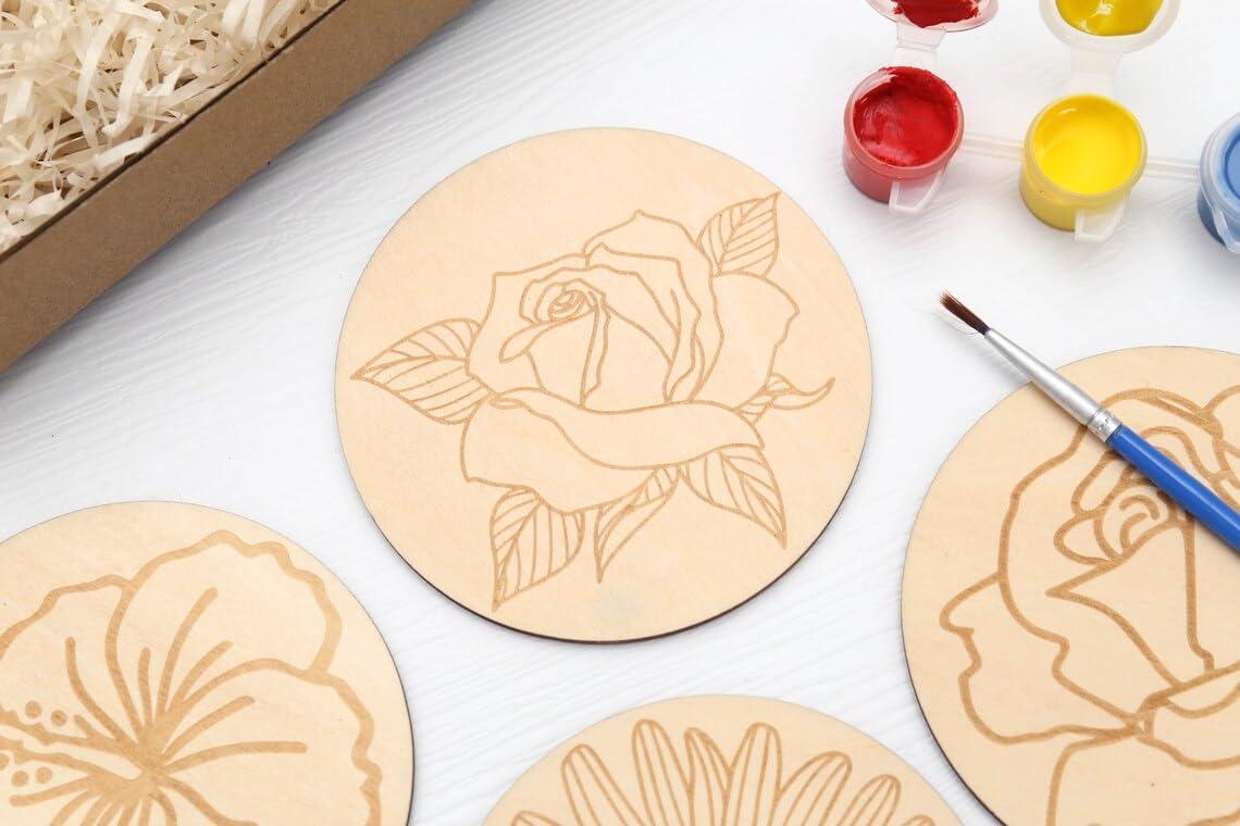 Haoser Wooden Flower Painting kit, Wooden Coaster Paint Kits for Adults Kids, DIY Kit for Birthday Gift, Wooden Mandala Painting Kit | Tea Coasters Art and Craft Kit for Kid Coaster DIY Kit Set - Haoser