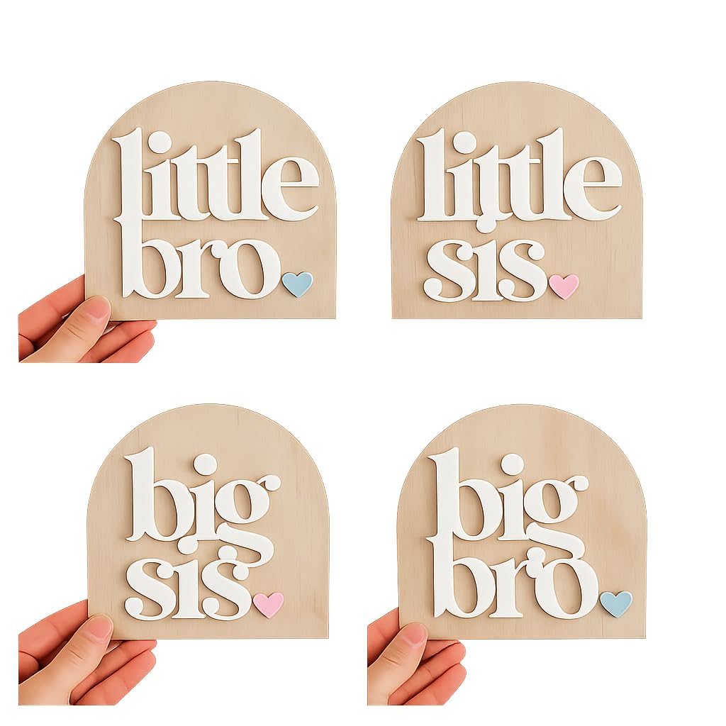Pack of 4 Big/Little Brother & Sister Plaques – Wooden Baby Announcement Keepsake Signs, Bro Sis Pregnancy Reveal Plaques for Sibling Photo Props & Nursery Decor, 4 Inch