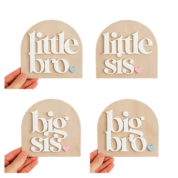 Pack of 4 Big/Little Brother & Sister Plaques – Wooden Baby Announcement Keepsake Signs, Bro Sis Pregnancy Reveal Plaques for Sibling Photo Props & Nursery Decor, 4 Inch