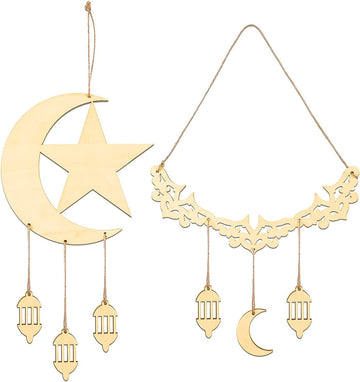 Haoser Illuminate Your Celebrations: Haoser 2-Piece Eid Mubarak Wooden Ornaments - Moon and Stars Decorations for Ramadan Kareem Eid Mubarak Home Decor Party Supplies - Haoser