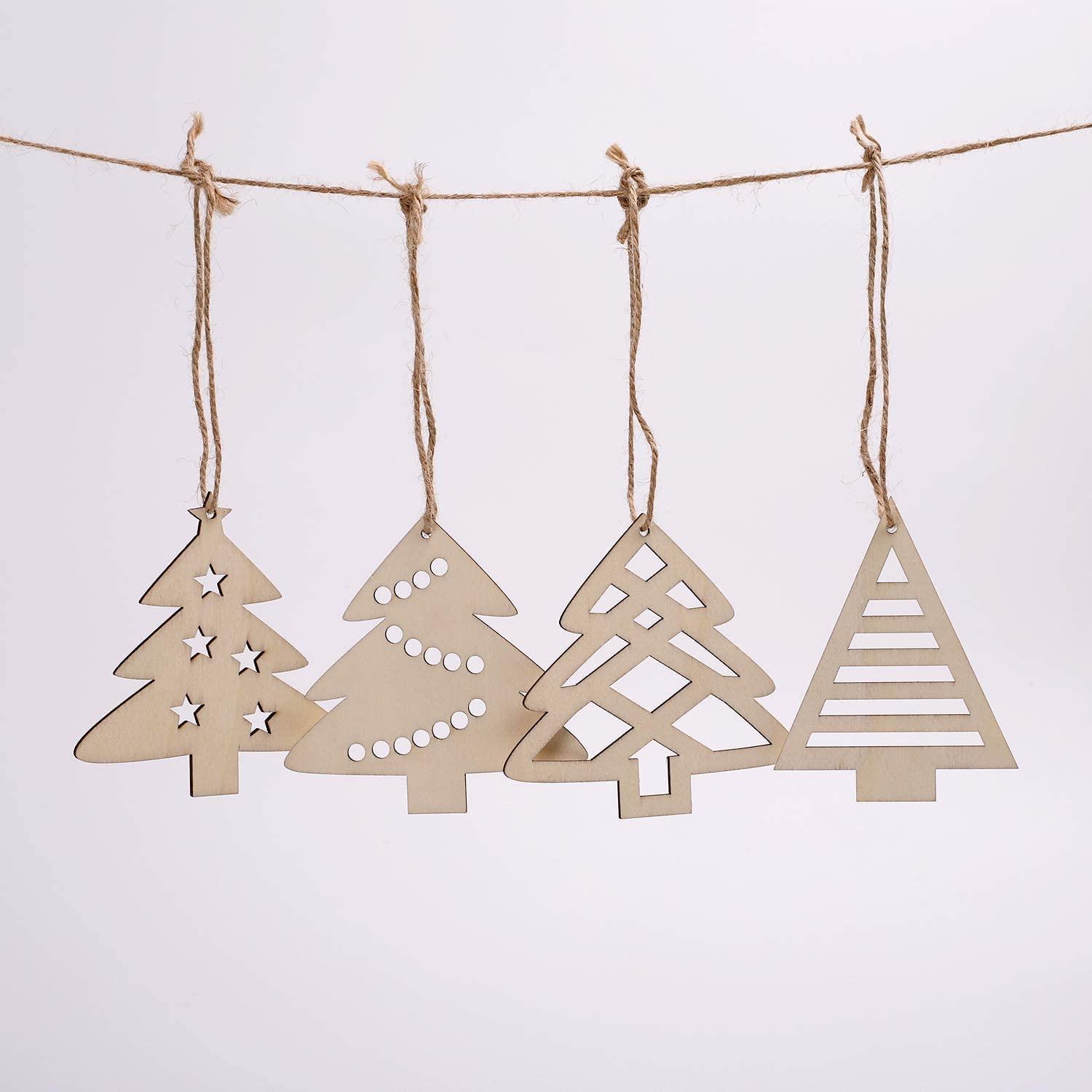 Haoser Pack of 4 Unfinished Wooden Christmas Tree Shape Ornaments with Holes, Christmas Wood Cutouts Hanging Decorations for Xmas DIY Crafts - Haoser
