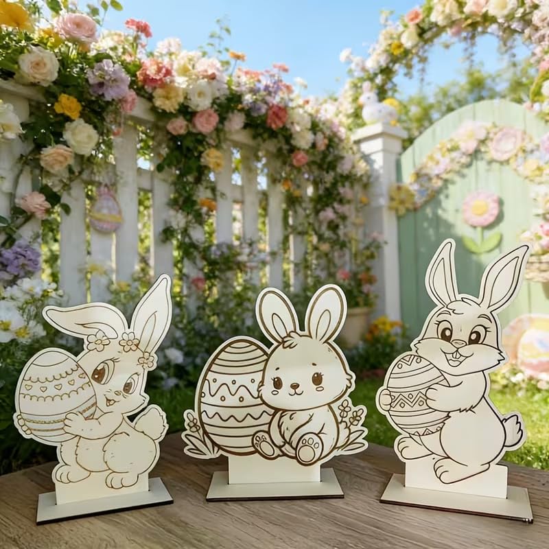 3 Pcs DIY Easter Craft Kit – Paint Your Own Rabbit & Egg Wooden Tabletop Signs