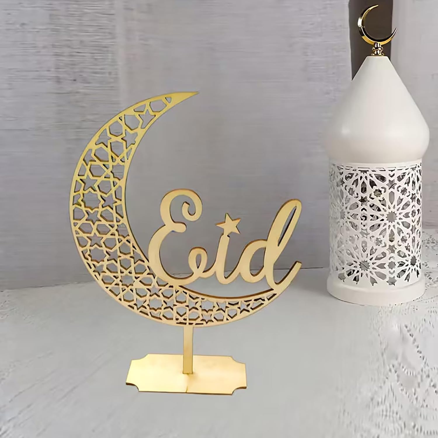 Eid Mubarak Wooden Crescent Moon Table Decor | Islamic Ramadan Eid al-Fitr Centerpiece | Freestanding Arabic Calligraphy Desktop Decoration