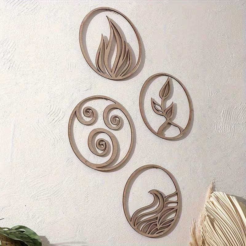Set of 4 Bohemian Wooden Round Leaf Wall Decor | 2D Flat Decorative Wall Art Panels