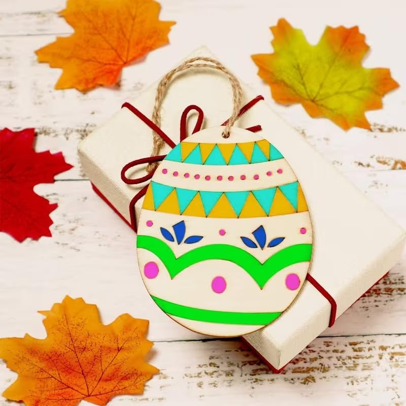 12 Pcs Wooden Easter Egg Ornaments with Hanging Loop | DIY Egg Cutouts for Easter Decoration