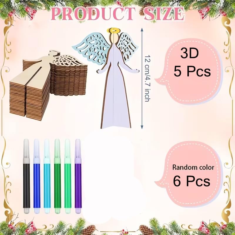 5 PCS Wooden 3D Angel Craft Set – DIY Paintable Christmas Figures with Intricate Wing Designs