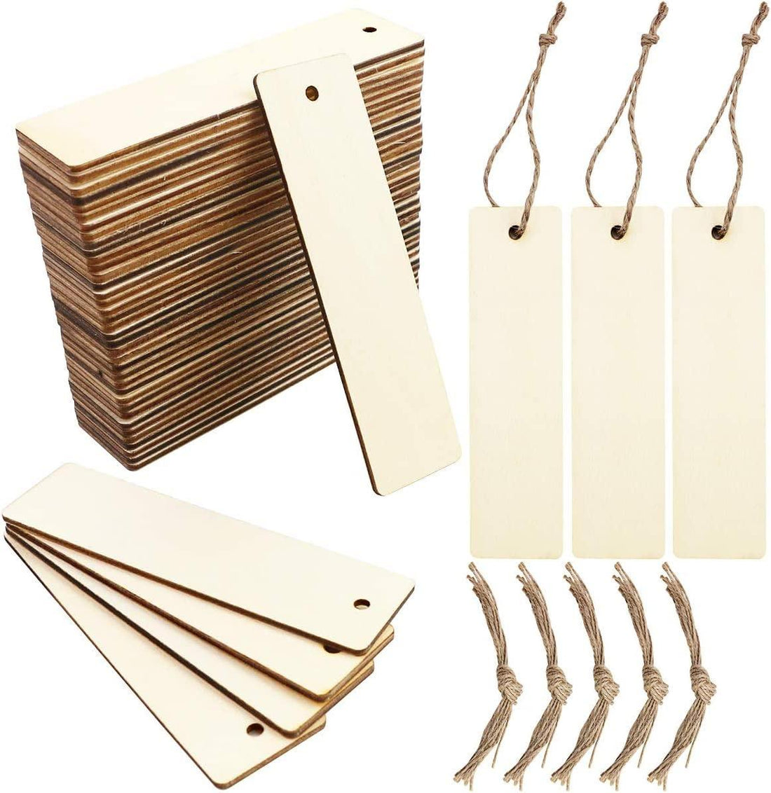Haoser Pack 20 Wood Blank Bookmarks DIY Wooden Craft Bookmark Unfinished Wood Hanging Tags Rectangle Shape Blank Bookmark, Wooden Tags Crafts for Wedding Decor Handmade Tags Gifts Tags, - Haoser