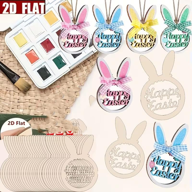 10 Pcs DIY Wooden Easter Egg Ornaments for Painting – 3 Inch Blank Easter Egg Rabbit Cutouts