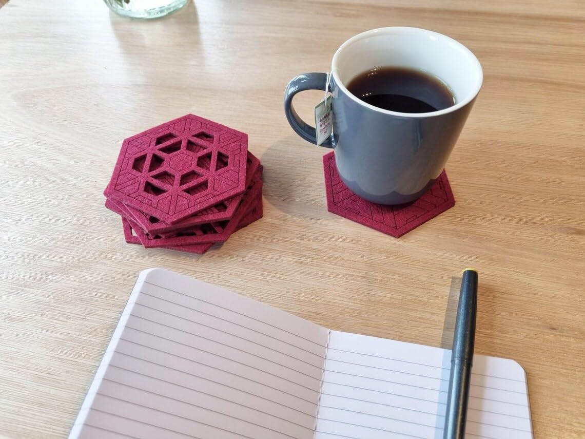 Geometric Felt Coasters – Set of 9 Red Hexagonal Felt Coasters | 4 Inch, Modern Drink Coasters for Table Decor & Furniture Surface Protectio