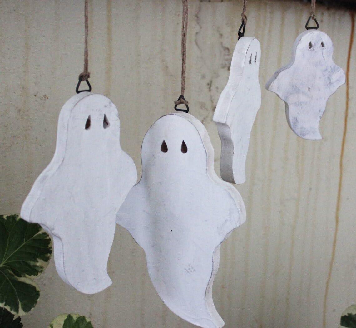 Haoser Hanging Halloween Ghost Decoration Wooden Unfinished Cutouts Outdoor Yard Lawn Decor, Tree,Decorations Ghost Party,Halloween Birthday Party Decorations Supplies Set of 10 Pieces - Haoser