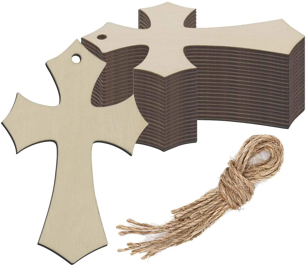 Haoser Pack of 10 Pieces Wooden Cross Sign Board, Wooden Cross Hanging Ornaments Cross Shaped Wood DIY Crafts Cutouts with Hole. - Haoser