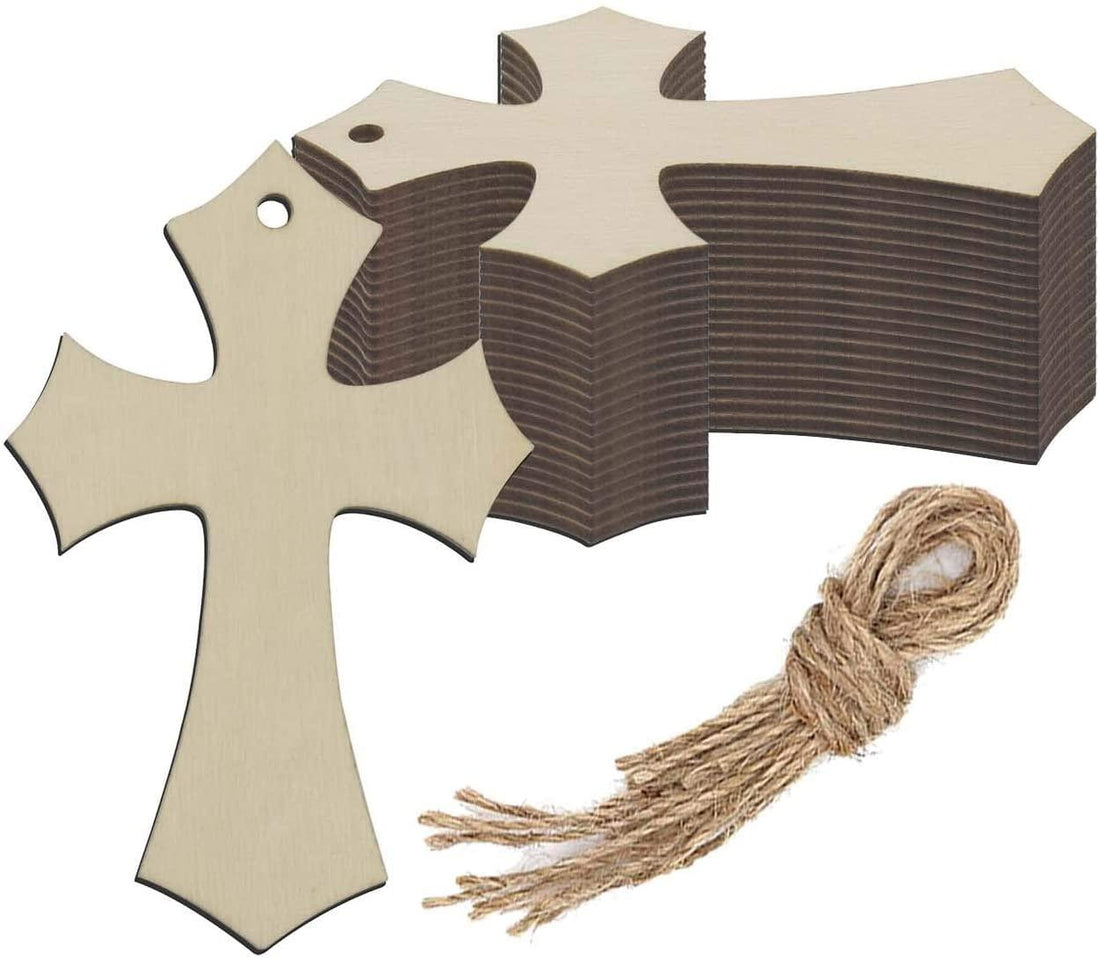 Haoser Pack of 10 Pieces Wooden Cross Sign Board, Wooden Cross Hanging Ornaments Cross Shaped Wood DIY Crafts Cutouts with Hole. - Haoser