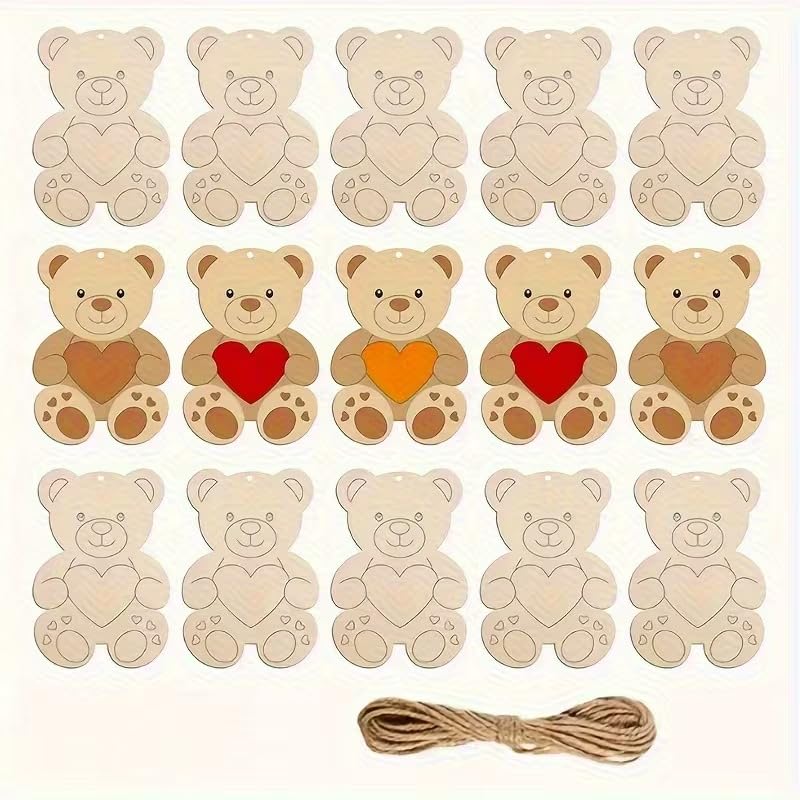 12 Pcs Light Yellow Wooden Heart-Shaped Bear Cutouts