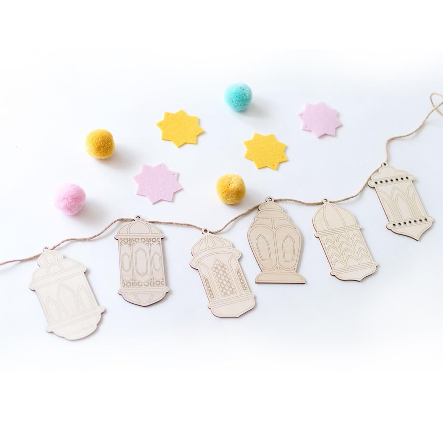 Curious Button Unfinished Wooden DIY Craft Banner Lantern Shape, Paint Your Own Lanterns, Eid Gifts Wooden Decorative Items, Ramadan Wooden DIY Craft Lantern Cutouts - Haoser